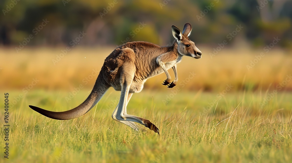 Poster A kangaroo is running through a field of grass. Concept of freedom and energy as the kangaroo leaps through the open space