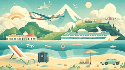 Travel elements cartoon illustration - plane, cruise boat, luxury car, with a tropical island landscape, vacation, travel agency