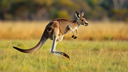 A kangaroo is running through a field of grass. Concept of freedom and energy as the kangaroo leaps through the open space - obrazy, fototapety, plakaty