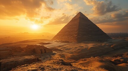 Generative AI Pyramid complex, drone's perspective, vibrant sunset hues, vast desert vista, photorealistic twilight scene