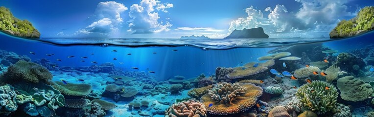 A beautiful underwater scene with a blue ocean and a coral reef. The water is teeming with fish and other sea creatures