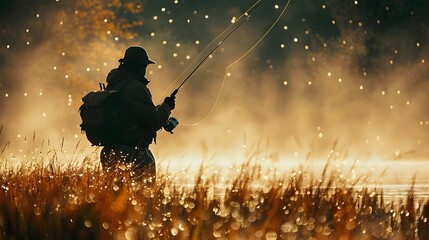 Fisher in Dawn Mist: A Serene Moment of Fishing at Dawn - obrazy, fototapety, plakaty