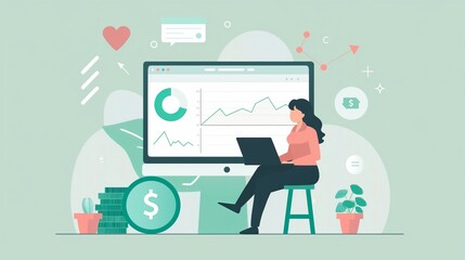 Girl working at her desk with a laptop, financial flat cartoon illustration chart in background - investment, stock market exchange crypto currency business theme stats analyzing