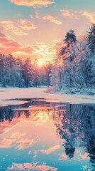 A lake is surrounded by trees covered in snow, creating a winter wonderland scene. The white snow contrasts beautifully with the dark tree trunks and the still water of the lake. - obrazy, fototapety, plakaty