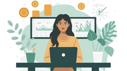 Girl working at her desk with a laptop, financial flat cartoon illustration chart in background - investment, stock market exchange crypto currency business theme stats analyzing