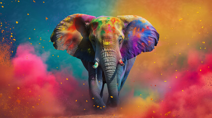  elephant at the annual elephant festival in India . Animal covered on holi paints . Travel holi festival - obrazy, fototapety, plakaty