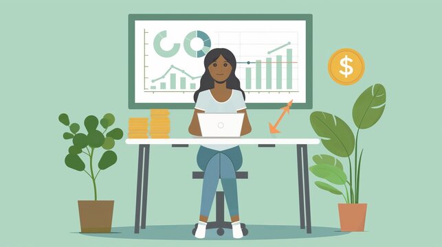 Girl working at her desk with a laptop, financial flat cartoon illustration chart in background - investment, stock market exchange crypto currency business theme stats analyzing