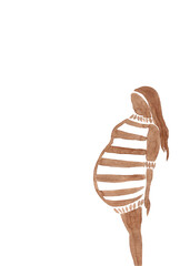 Pregnant woman. The silhouette of a girl with long hair in a striped sweater stands sideways. Watercolor illustration