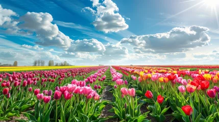 Fotobehang A field filled with vibrant pink and yellow tulips stretches out under a clear blue sky. The flowers are in full bloom, creating a colorful and picturesque scene. © vadosloginov