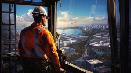 Generative AI An illustration showcasing the towering height of a crane's cabin, with the operator's perspective gazing down at the bustling construction activity below