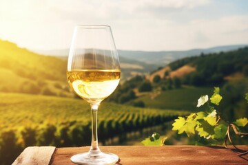 Wine glass with pouring white wine and vineyard landscape in a sunny day. Winemaking concept.