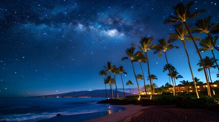 Starry Night Over Maui's Tropical Beach Paradise: A Celestial Display of the Milky Way Rising Above Palm Trees and Luxury Resort