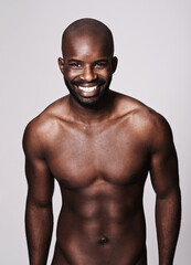 Black man, topless and body with abs in portrait, fitness and health with muscle on dark...