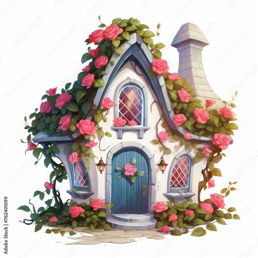 Poster generative ai a charming fairytale home adorned with vibrant climbing roses and a serene white backd