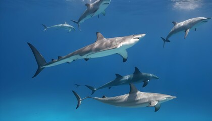 Fototapeta premium A Hammerhead Shark Swimming Alongside A Pod Of Dol Upscaled 6