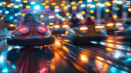 Bumper Cars in Motion at Night: A Dazzling Display of Fun and Play
