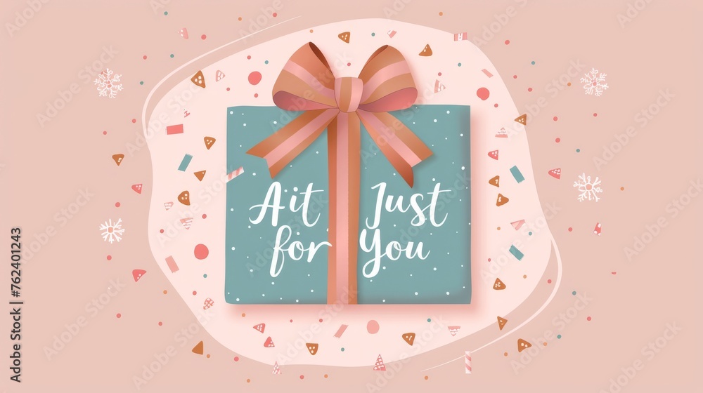 Poster a flat graphic depicting a birthday present with a card and a bow on top of it. the card is decorate
