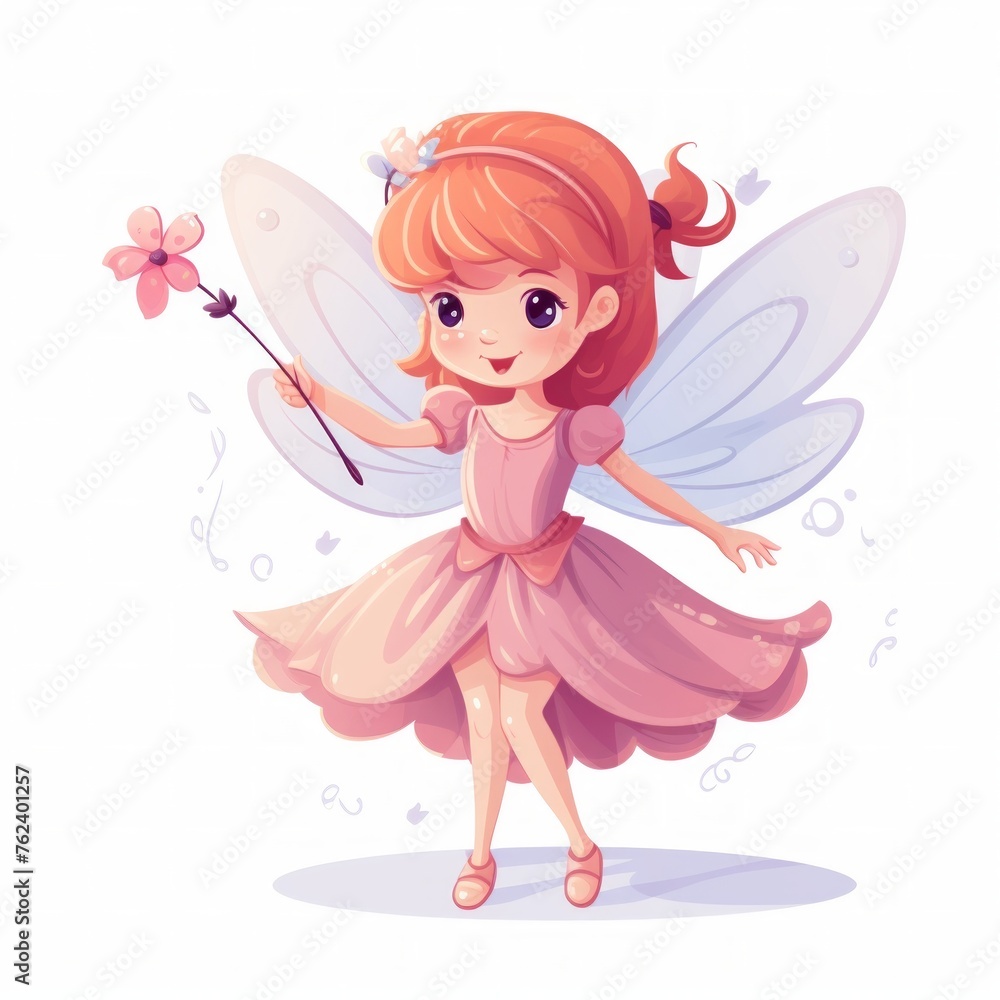 Poster generative ai a tiny fairy with delicate wings and a flower petal dress, spreading magic with a wand