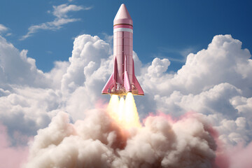 a pink rocket taking off from clouds - obrazy, fototapety, plakaty