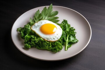 Close-up of scrambled eggs on a plate with greens