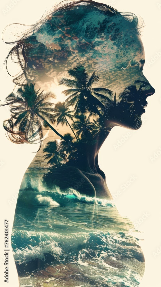Poster A close-up of a womans face set against a backdrop of palm trees. The womans features are prominent, with an expression that is not discernible. The palm trees stand tall and lush in the background, c