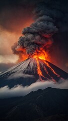 Burning volcano with ash clouds above it