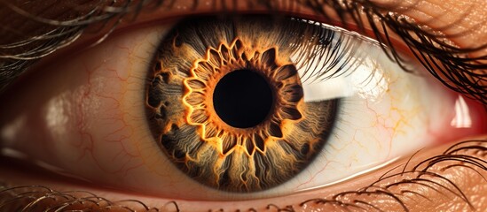 a close up of a woman s eye with a brown iris . High quality