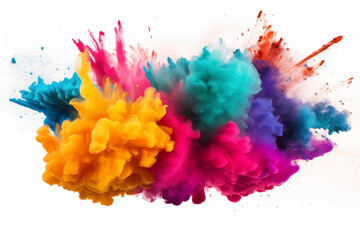 Explosion of vibrant Holi powdered colors for Indian Holi festival. Celebration of colors and joy, blasts and sprinkles of colored powder