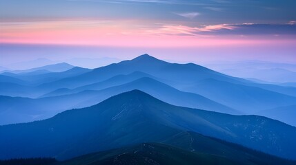 Dawn in the Carpathian Mountains: A Serene Landscape of Layered Peaks in Blue and Purple