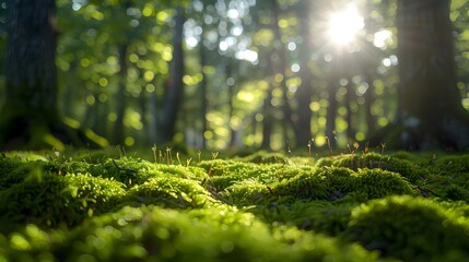 Sunlight Filters Through Trees Illuminating Vibrant Green Moss-covered Ground in a Serene Forest