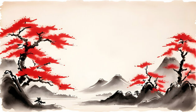 Red Japan traditional sumi e wood painting with copy space background