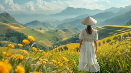 Vietnam girl in traditional white dress village walking on the mountain and golden rice terraces. Morning Light of rice field on terrace. Landscape. Green Rice fields on Terraced. traditional.
