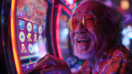 The old man a happy smile he played the slot machines. - obrazy, fototapety, plakaty