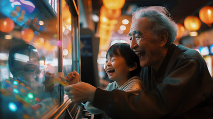 An old man and a child laughed happily while playing arcade games. - obrazy, fototapety, plakaty