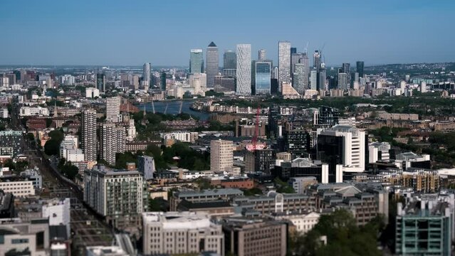 Timelapse view of London City Canary Warf skyscrapers - Tames view