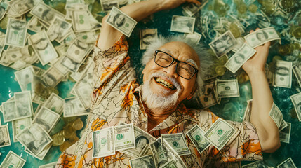 An old man finds happiness on a pile of money dollar bills.