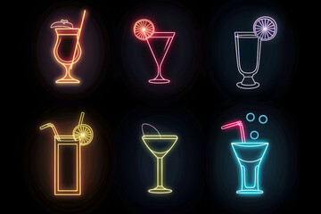 Simple vector graphic of a neon cocktails icons set on a black background.