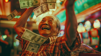 Old man in las vegas playing Casino throw money dollar bills is happy smiling.