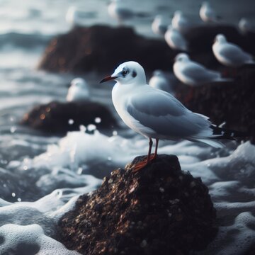 Seagull sits perched on a rock at shoreline

