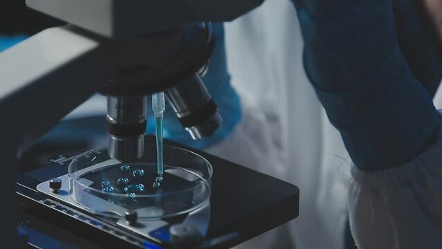 Young scientists conducting research investigations in a medical laboratory, a researcher in the foreground is using a microscope