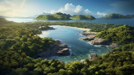 Fototapeta na wymiar Generative AI A stunning aerial shot of a tropical island cluster boasting dense palm forests, hidden lagoons, and pristine stretches of coastline kissed by gentle waves.