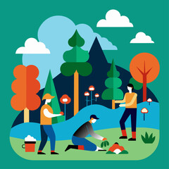 Vector illustration of people working in the park. Flat style design.
