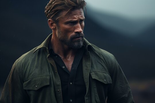 Brawny Rugged handsome man muscular art. Summer face looking relax athletic. Generate AI