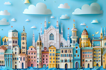 Fototapeta premium Whimsical paper art cityscape with colorful buildings and playful clouds on a blue background. Generative AI.