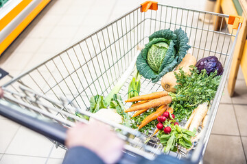 A view of the shopping cart in which fresh vegetables are stacked. - 762403297