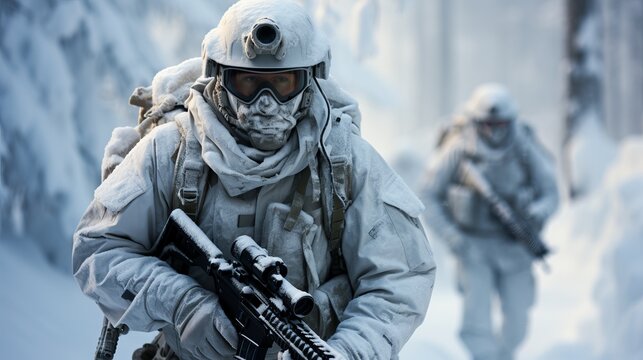 soldiers in winter camouflage make their way through the snow, concentrated and alert, their clothes covered with snow, Concept: military exercises, military tactics in winter conditions.