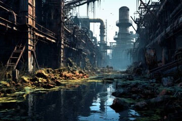 Decrepit Ruined factory. Old ruin wall. Generate Ai