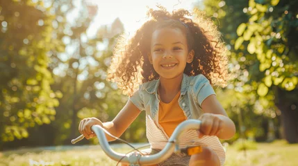 Zelfklevend Fotobehang Happy smiling curly afro-american girl learning to drive a bicycle in a city park. Little girl riding bike on sunny day in park. Happy childhood concept © Dina Photo Stories