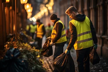 Foto op Canvas a group of men in vests picking up trash © Elena