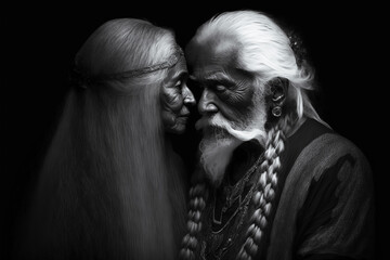 Black and white fineart Portrait of old man with long white hair and old woman, in love, hugging black background